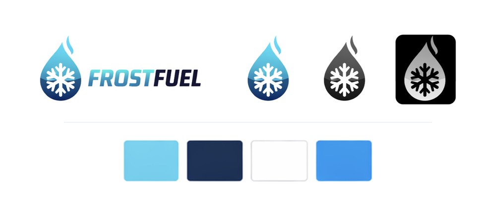 FrostFuel brand sheet: logo variants and color swatches.
