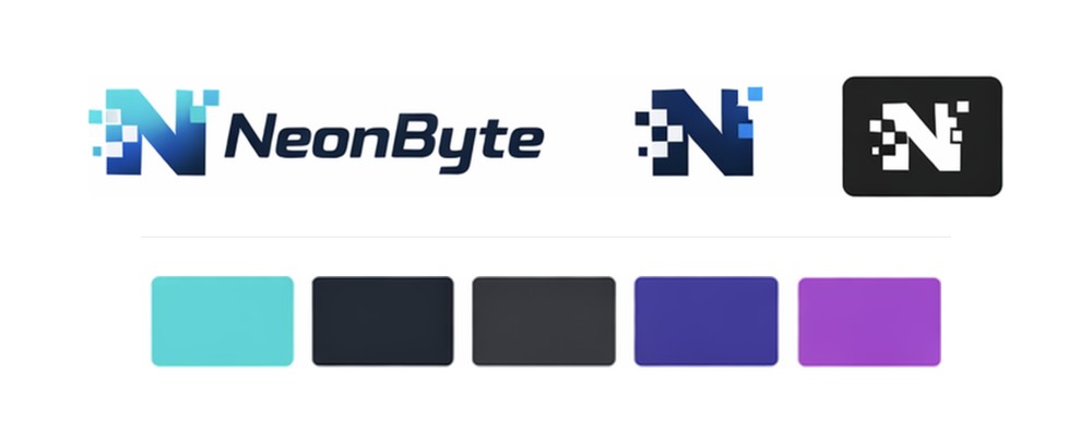 NeonByte brand sheet: logo variants and color swatches.