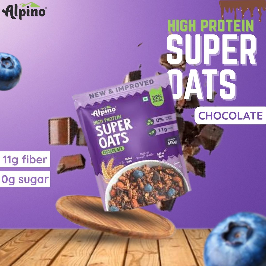 A product mockup: a designed label warped onto a real packet of oats.