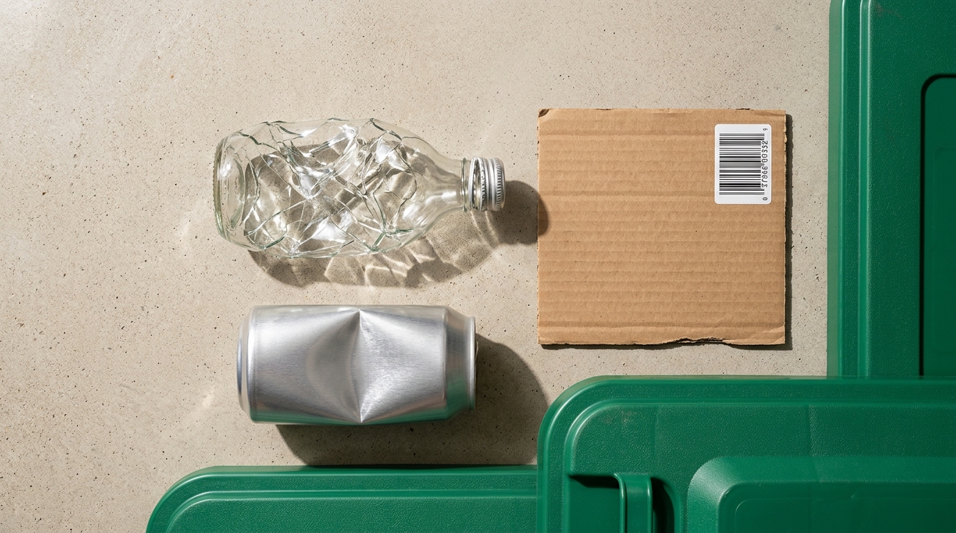 Municipal material specification overview showing PET bottles, HDPE jugs, corrugated cardboard, and SPI resin stamps