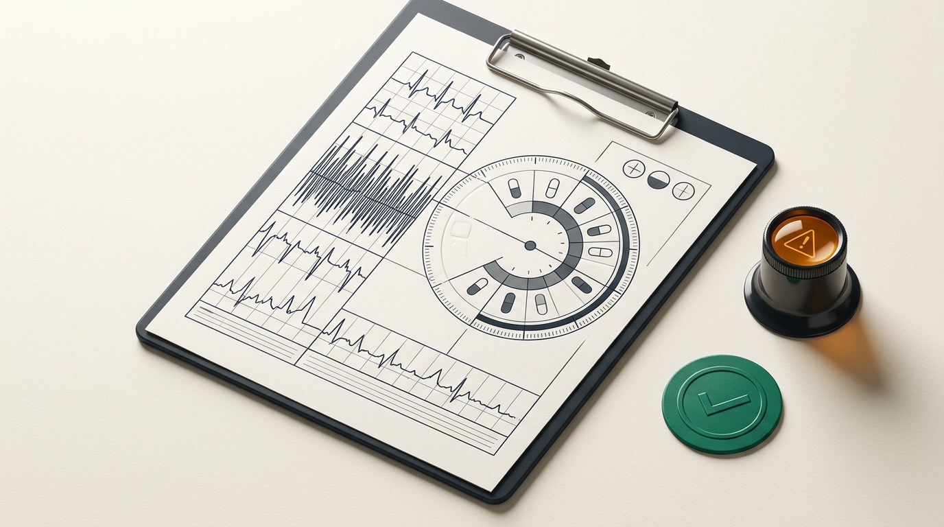Swiss medical editorial diagram showing clinical discharge shorthand transformed into a structured 24-hour patient care schedule