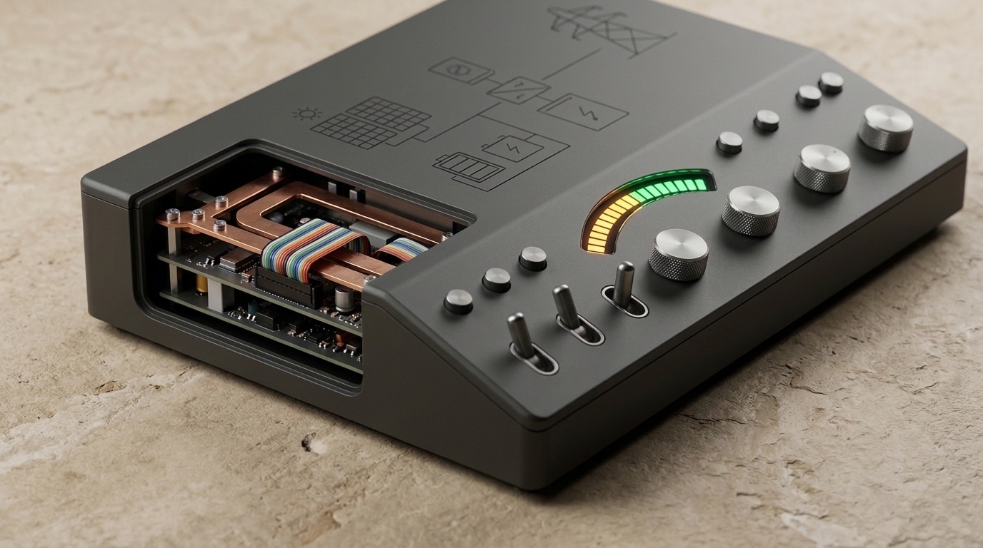Dieter Rams inspired GridPulse residential sub-panel load controller showing exposed copper bus bars, mechanical breaker toggles, and an LED strain arc gauge on limestone