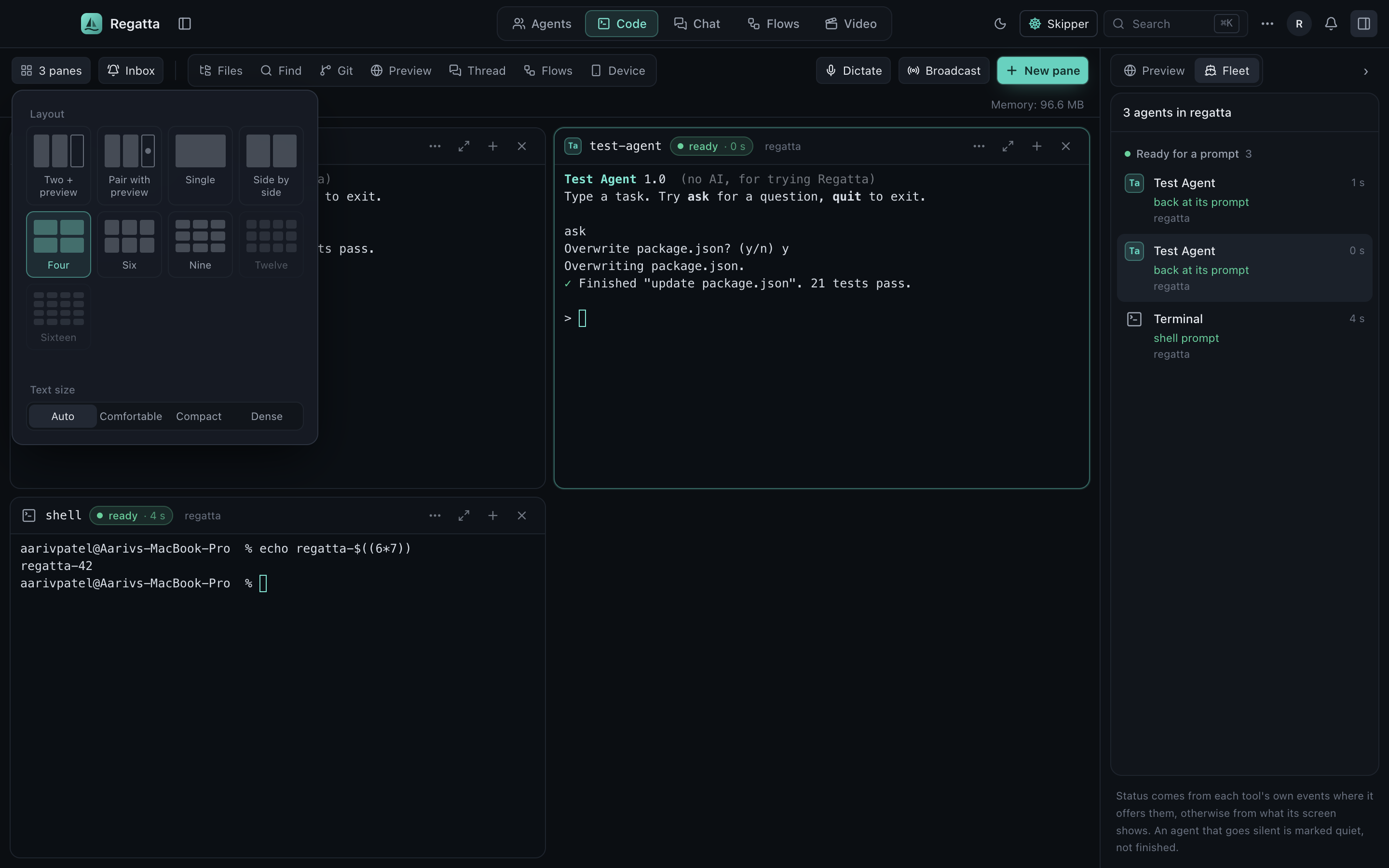 Regatta layout menu and pane controls
