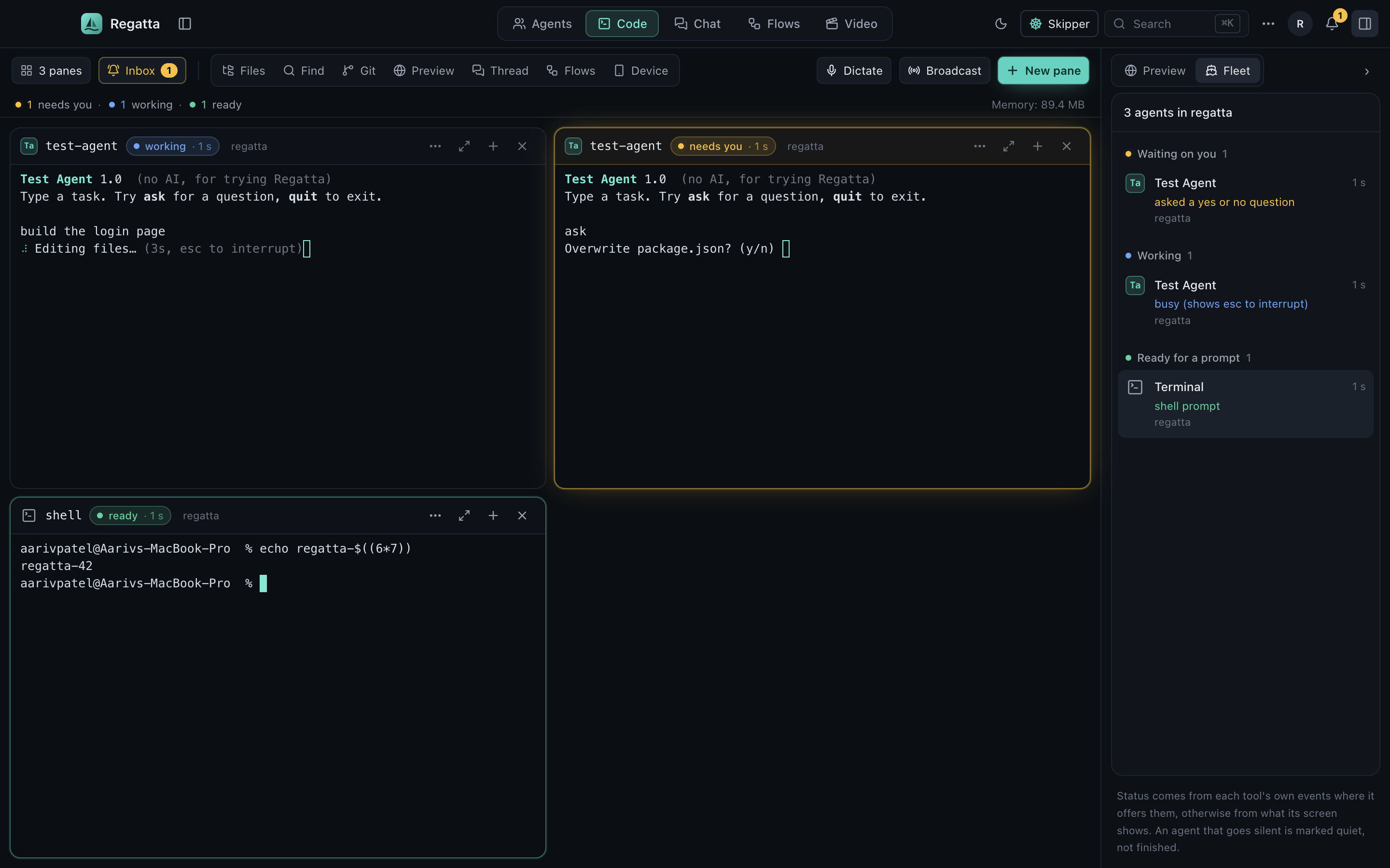 Regatta running three terminal panes with live status and Fleet sidebar
