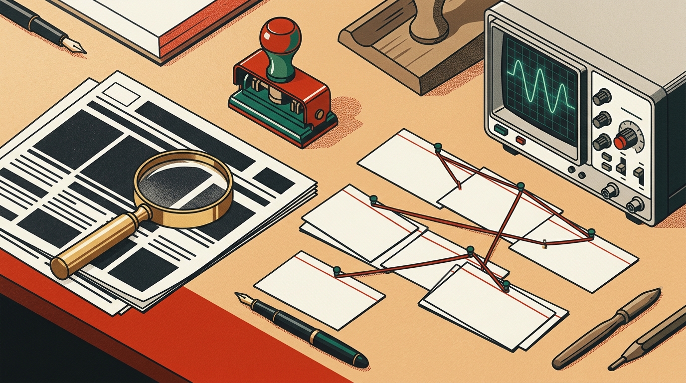 Isometric mid-century verification desk with magnifying loupe over newsprint, mechanical verdict stamp, lateral-reading evidence cards, and spectral oscilloscope